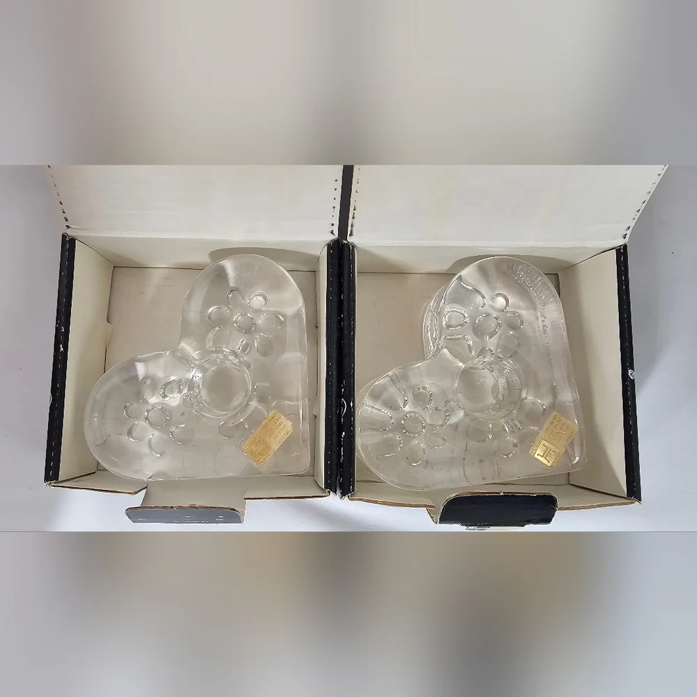 ​Hadeland Norway Glass Heart Candle Holder Pair Full Lead Crystal Handmade NOS
